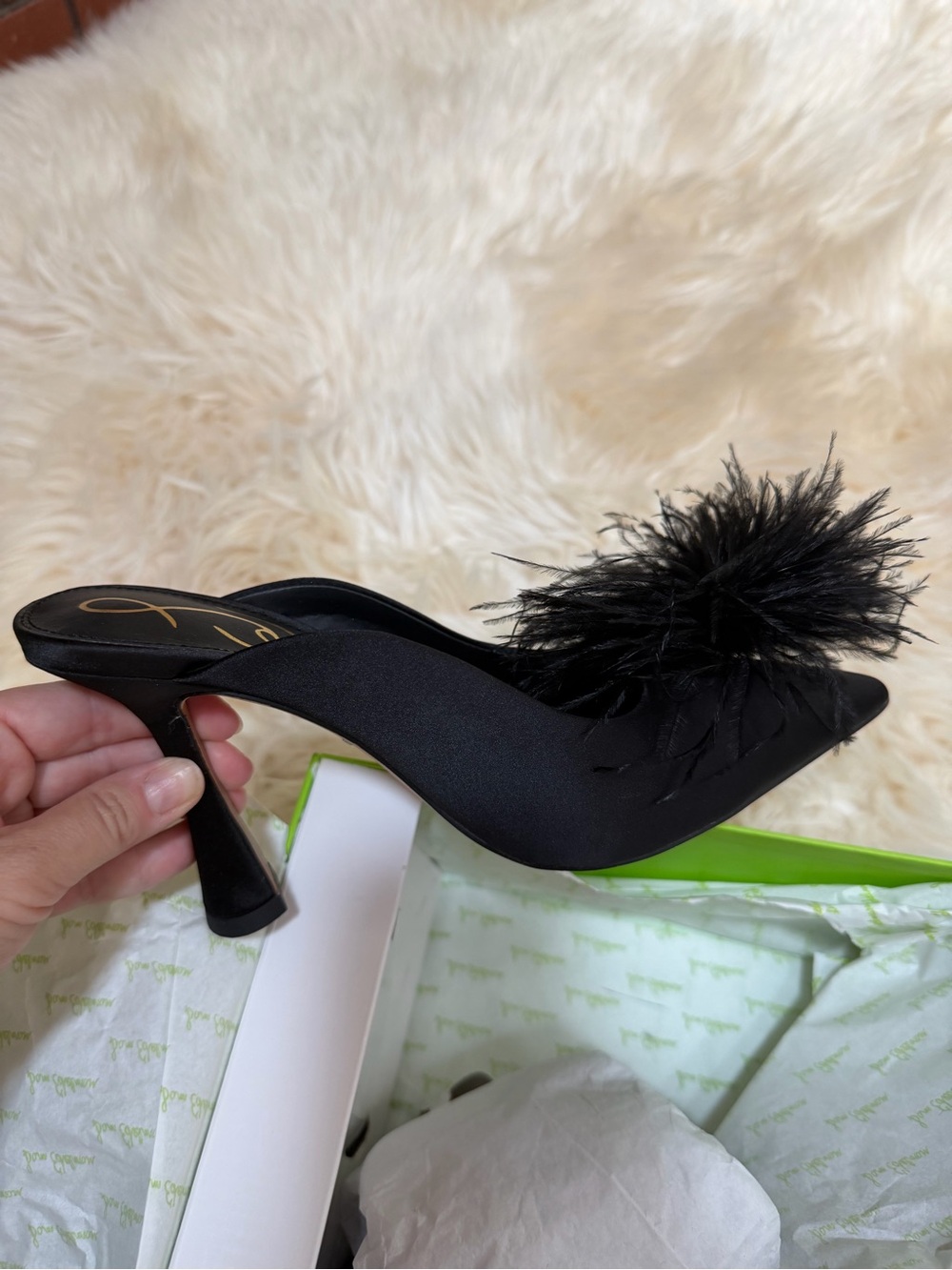 Sam Edelman Anthony Black satin Feather Pom Mule Heels - Women 5M new - Picture 2 of 10
